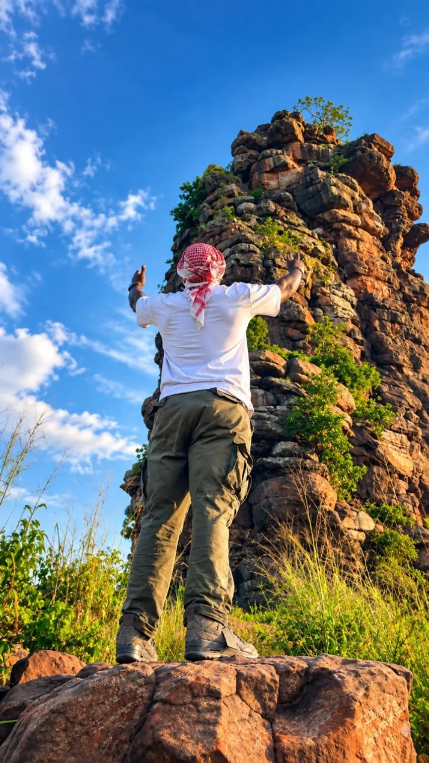 Visitor exploring a Kwahu rock formation